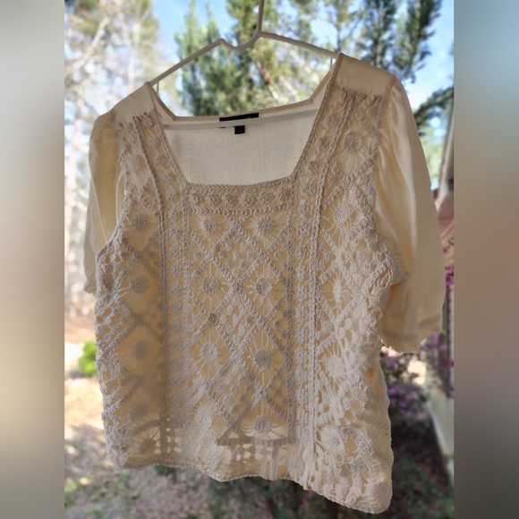 Broadway 38 Tops - Cream Crochet Square-Neck Blouse